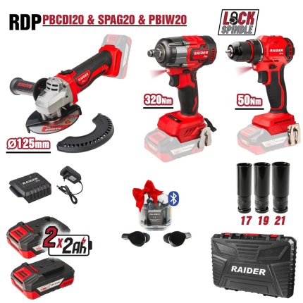 RAIDER R20 Σετ Γωνιακός τροχός,δραπανοκατσάβιδο & μπουλονόκλειδο 2x2Ah RDP-PBCDI20&SPAG20&PBIW20 030255 <span style="color: white; visibility:visible;">3800972036536</span>